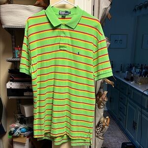 Polo by Ralph Lauren Men's Green and Red Striped Polo Shirt